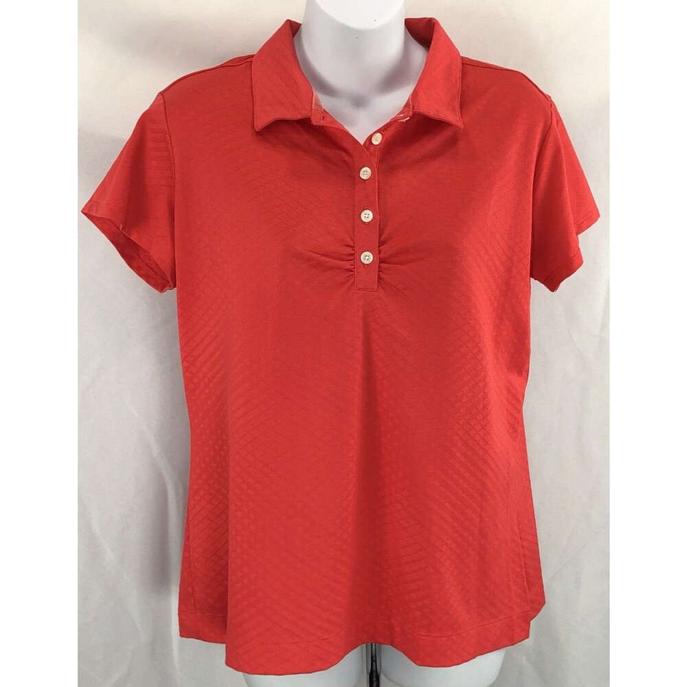 Nike golf top L red Geometric Ruched 1/2 button short sleeve dri fit Collared